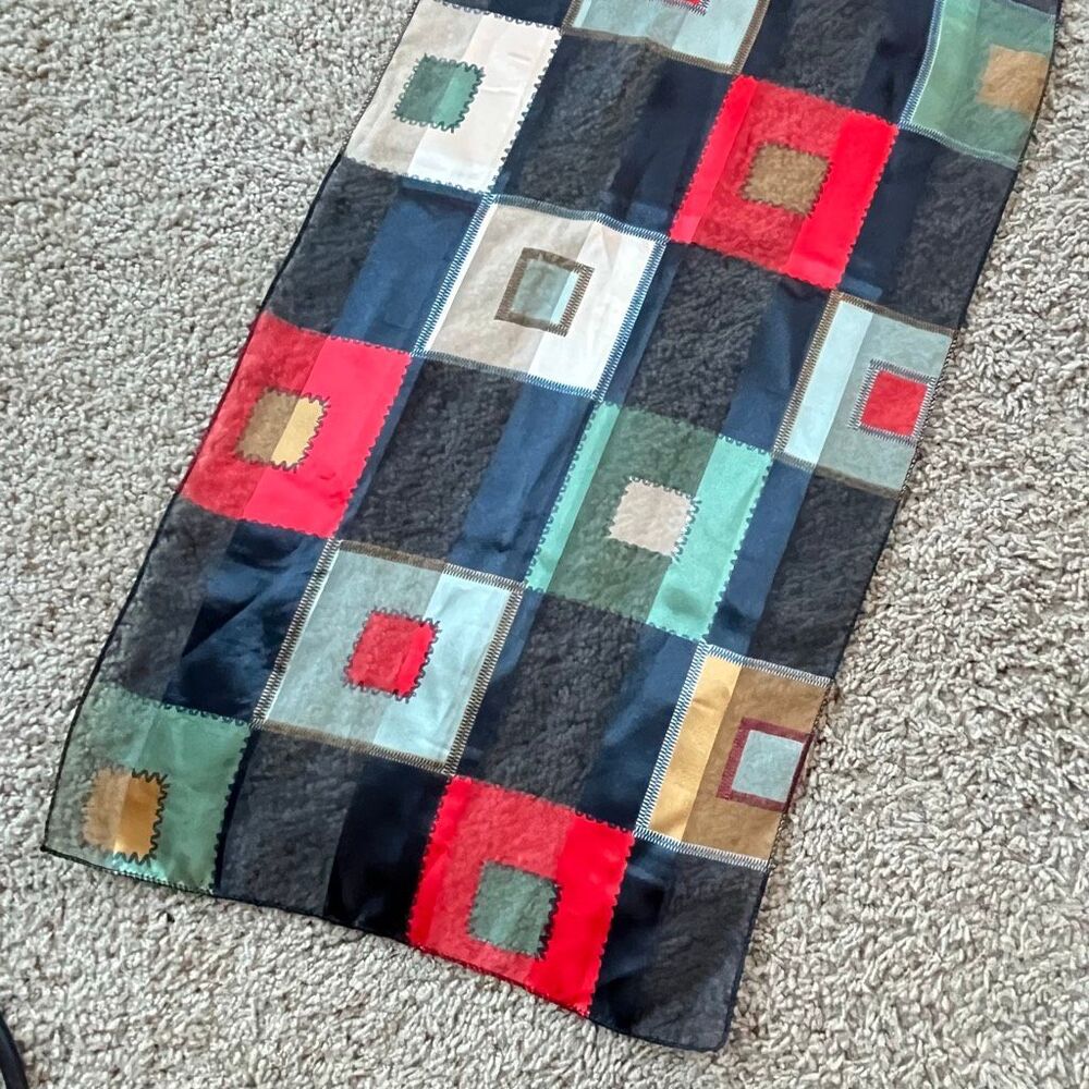 Sheer Patchwork Stripe Scarf Geometric Print Sati… - image 6